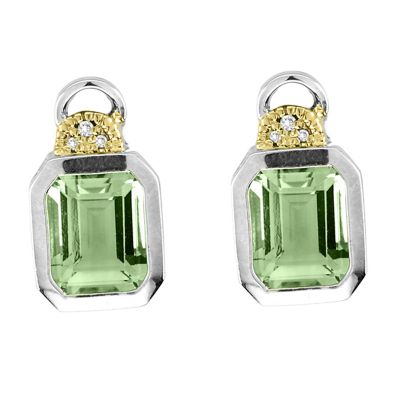 Green Amethyst and Diamond Sterling Silver Stud Earrings