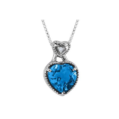 Blue Topaz and Diamond Sterling Silver Heart Pendant