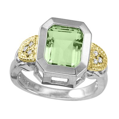 Green Amethyst and Diamond Sterling Silver and 14k Gold Ring